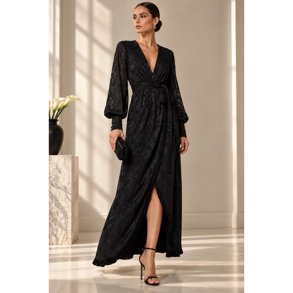 Alexis Antonella Axi Black Jacquard Lace Wrap Maxi Dress (MSRP: $688) Small